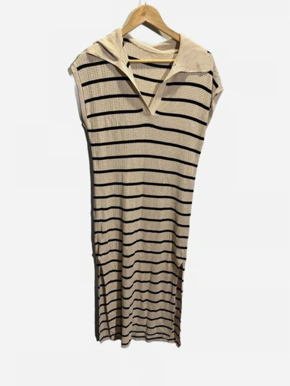 Unbranded Knit Maxi Dress Womens Small Beige Striped Polo Collar Beach Coastal